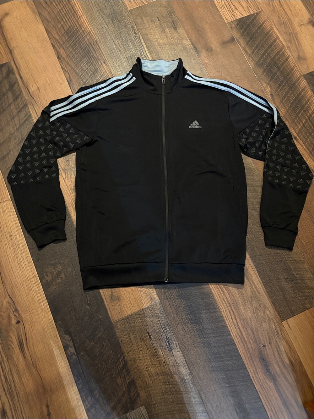 adidas Men’s Black and Navy Zip-Up Track Jacket with White Shoulder Stripes